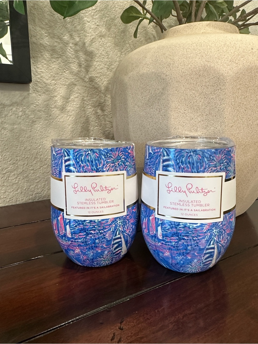 Lilly Pulitzer Blue and Pink Fireworks Stemless Tumbler SET OF 2